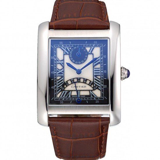 Cartier Tank Black And White Dial Stainless Steel Case Brown Leather Strap 622763