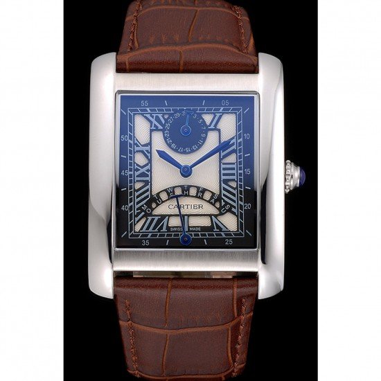 Cartier Tank Black And White Dial Stainless Steel Case Brown Leather Strap 622763