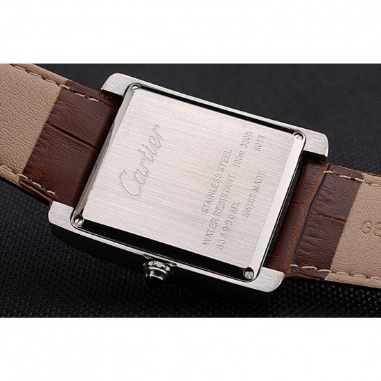 Cartier Tank Black And White Dial Stainless Steel Case Brown Leather Strap 622763