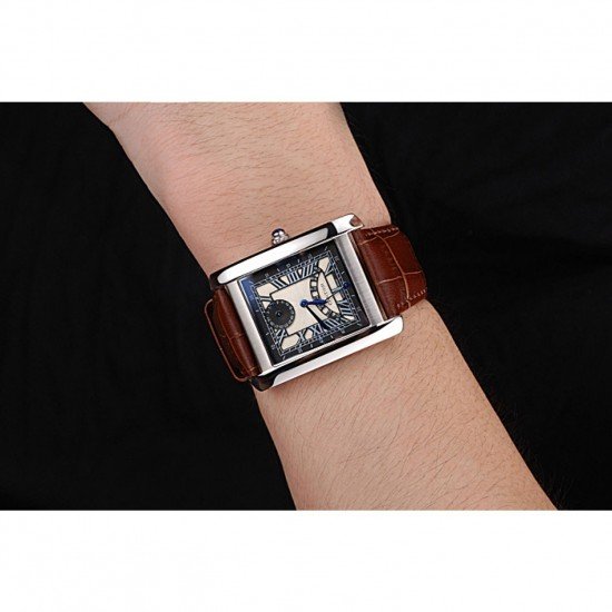 Cartier Tank Black And White Dial Stainless Steel Case Brown Leather Strap 622763