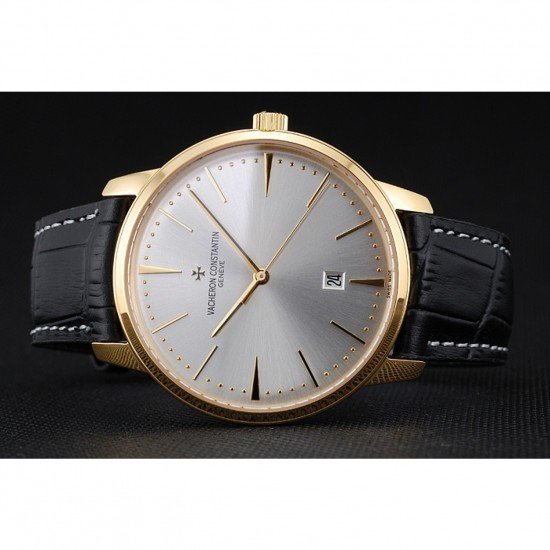 Swiss Vacheron Constantin Patrimony White Dial Gold Case Black Leather Bracelet 1454177