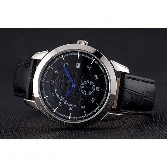 Vacheron Constantin Traditionnelle Black Ship Dial Stainless Steel Case Black Leather Strap
