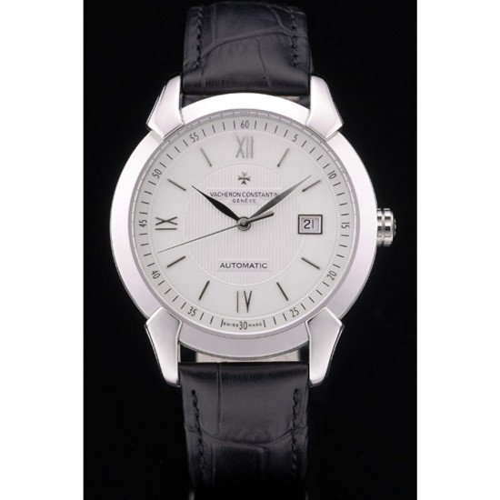 Swiss Vacheron Constantin Traditionnelle White Dial Stainless Steel Case Black Leather Bracelet