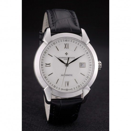 Swiss Vacheron Constantin Traditionnelle White Dial Stainless Steel Case Black Leather Bracelet