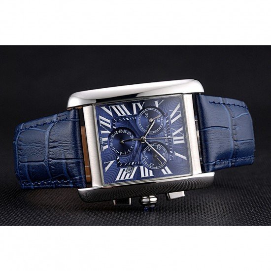 Cartier Tank MC Blue Dial Stainless Steel Case Blue Leather Bracelet 622691