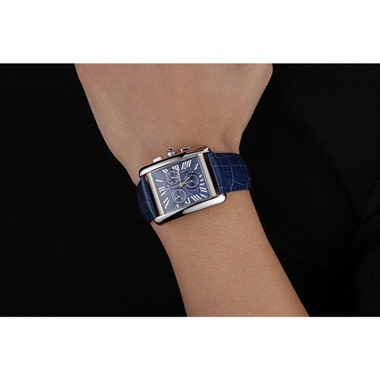 Cartier Tank MC Blue Dial Stainless Steel Case Blue Leather Bracelet 622691