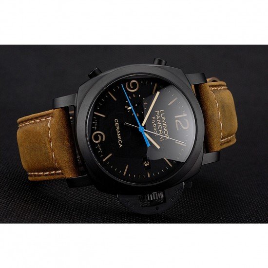 Swiss Panerai Luminor Ceramica Flyback Chronograph Black Dial Black Case Brown Leather Strap