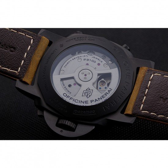 Swiss Panerai Luminor Ceramica Flyback Chronograph Black Dial Black Case Brown Leather Strap