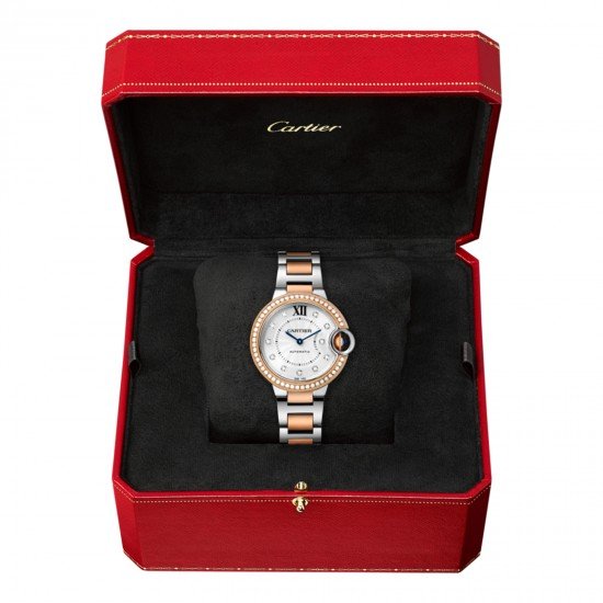 Swiss Ballon Bleu de Cartier watch, 33 mm, rose gold, steel, diamonds