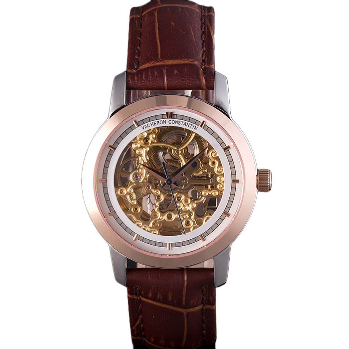 Vacheron Constantin White Skeleton Watch with Rose Gold Bezel and Brown Leather Strap 621539