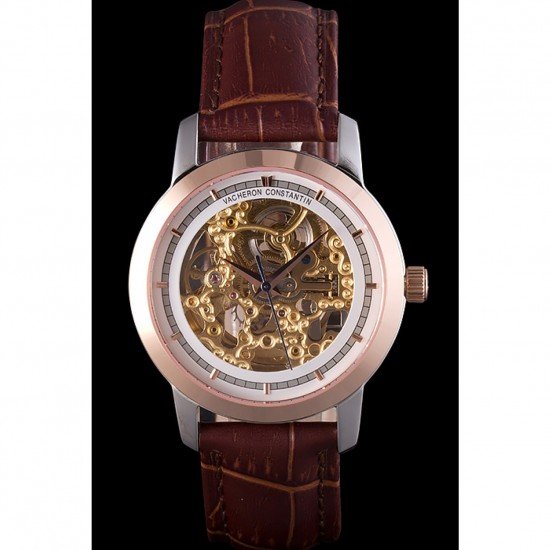 Vacheron Constantin White Skeleton Watch with Rose Gold Bezel and Brown Leather Strap 621539