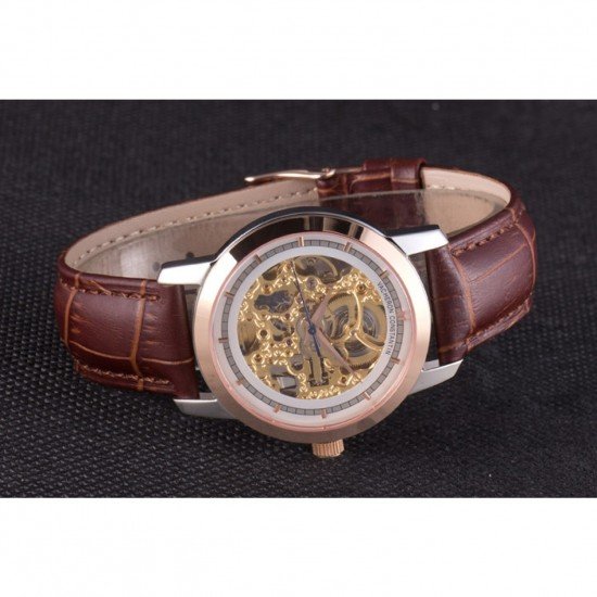 Vacheron Constantin White Skeleton Watch with Rose Gold Bezel and Brown Leather Strap 621539