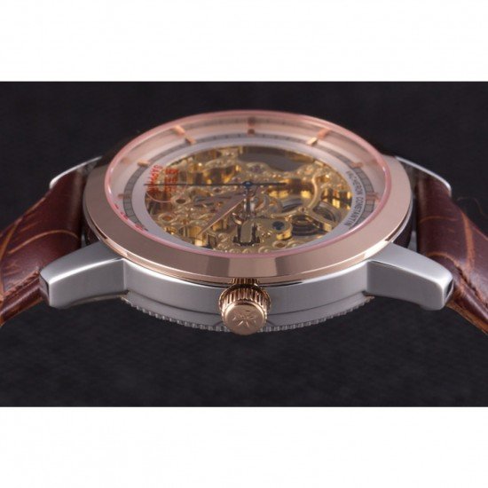 Vacheron Constantin White Skeleton Watch with Rose Gold Bezel and Brown Leather Strap 621539