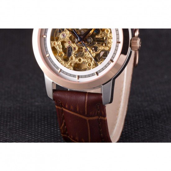 Vacheron Constantin White Skeleton Watch with Rose Gold Bezel and Brown Leather Strap 621539