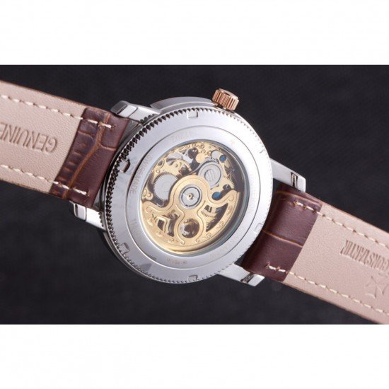 Vacheron Constantin White Skeleton Watch with Rose Gold Bezel and Brown Leather Strap 621539