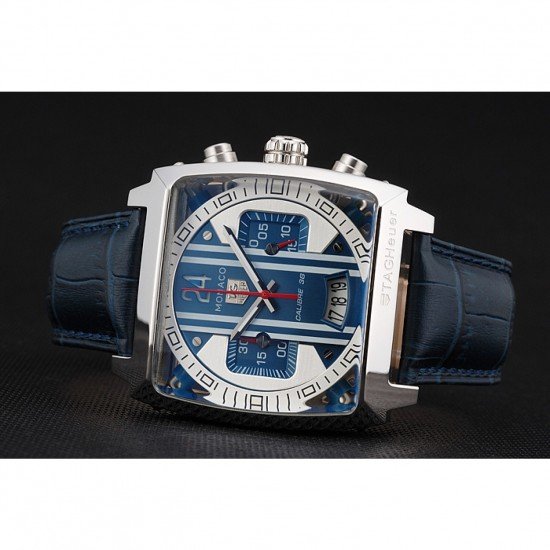 Tag Heuer Monaco 24 Calibre 36 Chronograph Blue And Grey Stripes Dial Blue Leather Strap 622273