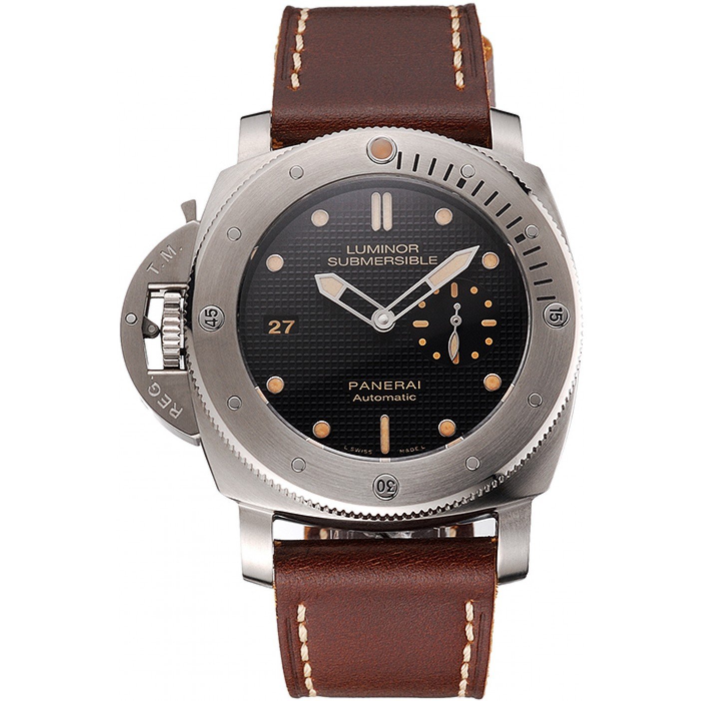 Swiss Panerai Submersible Left Handed Black Embossed Case Stainless Steel Case Brown Leather Strap