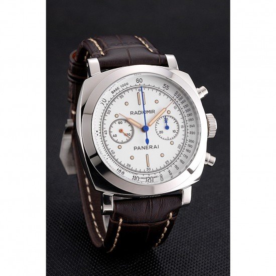 Swiss Panerai Radiomir 1940 Chronograph White Dial Stainless Steel Case Brown Leather Strap