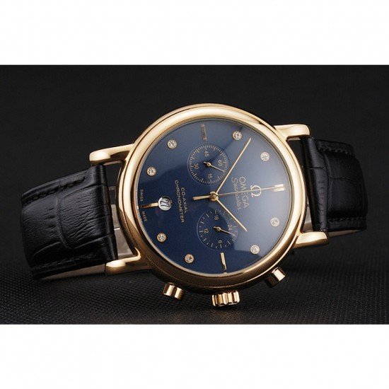 Omega Seamaster Vintage Chronograph Blue Dial Diamond Hour Marks Gold Case Black Leather Strap