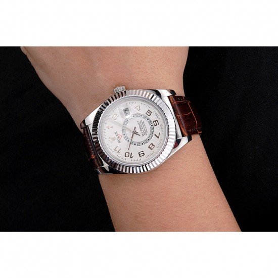Rolex Sky Dweller White Dial Stainless Steel Case Brown Leather Strap