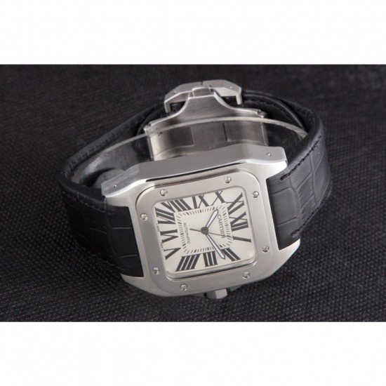 Swiss Cartier Santos Stainless Steel Bezel with Black Leather Strap 621524