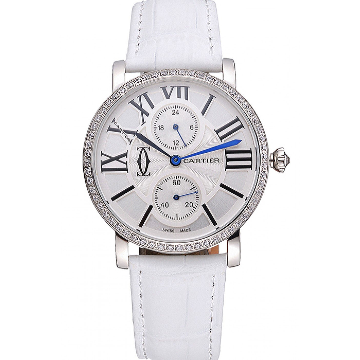 Cartier Ronde Second Time Zone White Dial Stainless Steel Case With Diamonds White Leather Strap 622803