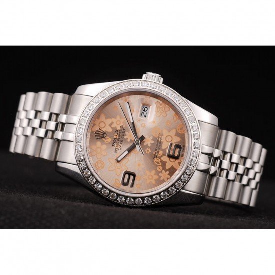Rolex DateJust Brushed Stainless Steel Case Orange Flowers Dial Diamonds Plated