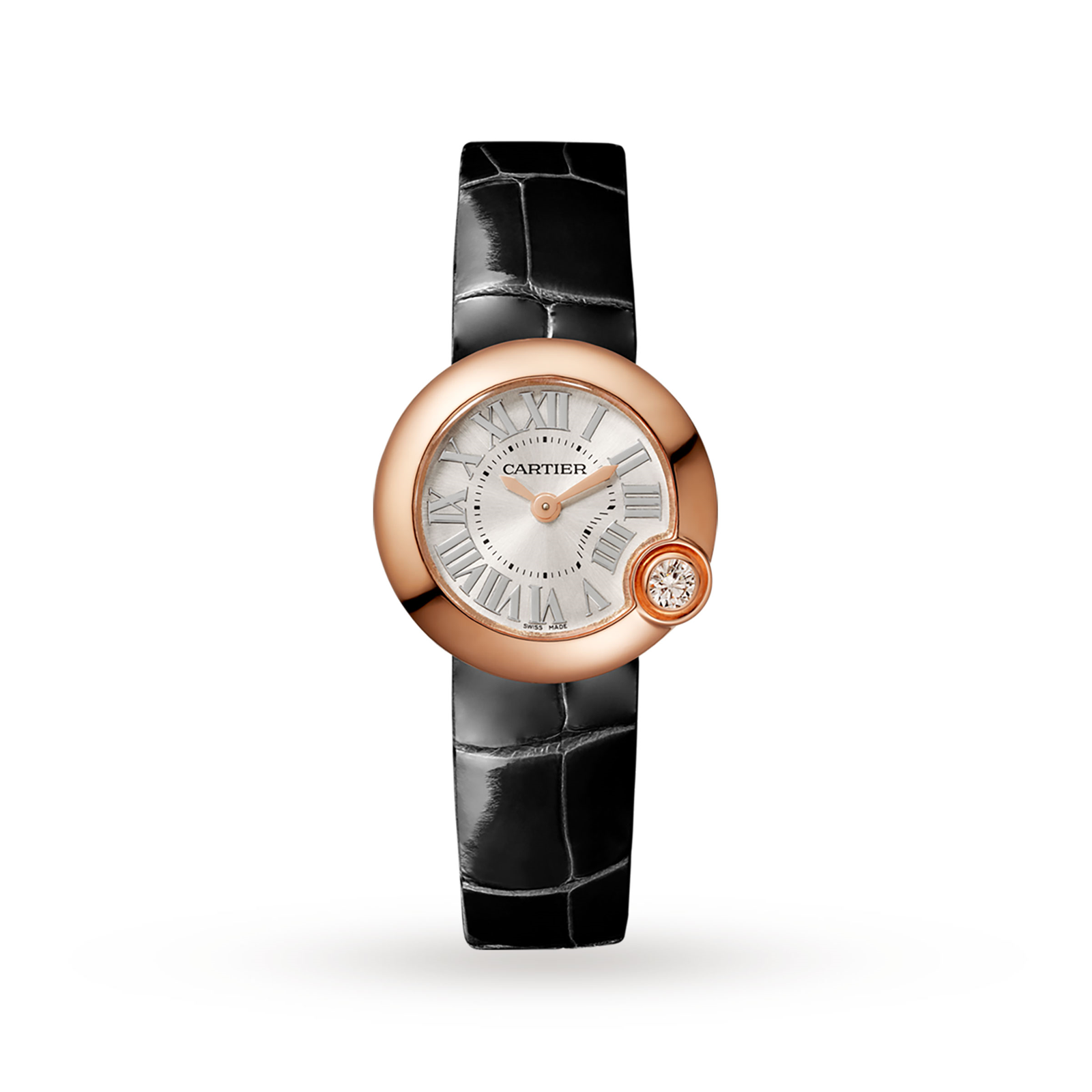 Swiss Ballon Blanc de Cartier watch, 26 mm, pink gold, diamond, leather