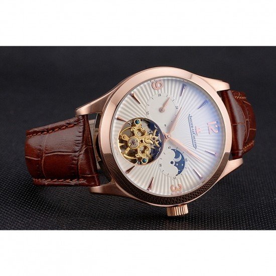 Jaeger LeCoultre Master Moonphase Tourbillon White Dial Rose Gold Case Brown Leather Strap
