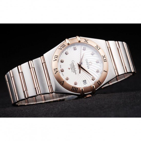 Omega Swiss Constellation Jewelry Rose Gold Case Radial Emblem White Dial