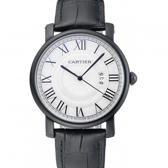 Cartier Rotonde White Dial Black Case Black Leather Bracelet 1454220