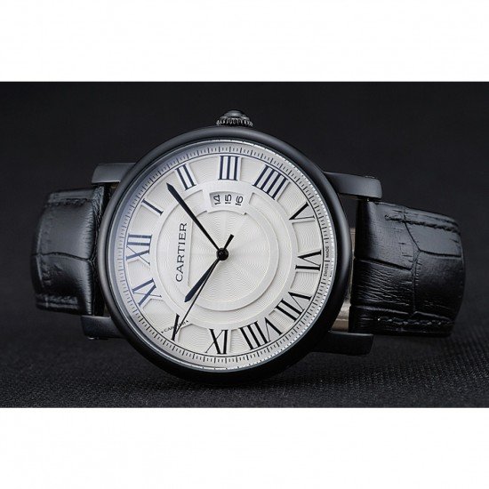 Cartier Rotonde White Dial Black Case Black Leather Bracelet 1454220