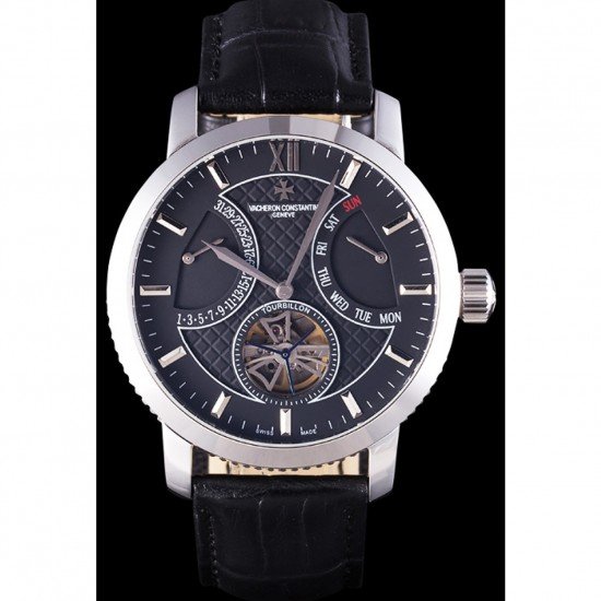 Vacheron Constantin Tourbillon Black Dial Stainless Steel Case Black Leather Bracelet