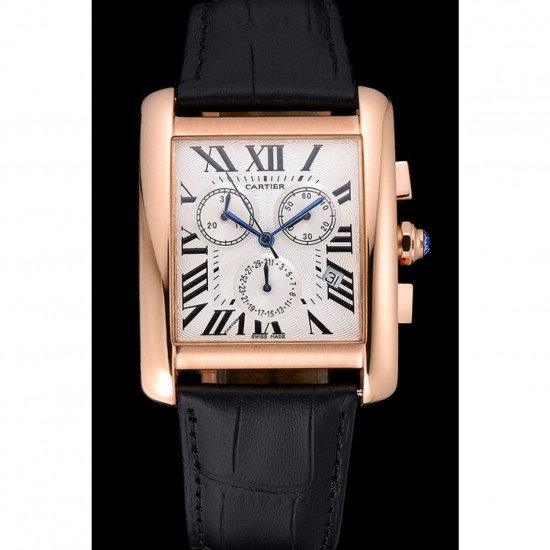 Cartier Tank MC White Dial Gold Case Black Leather Bracelet 622693