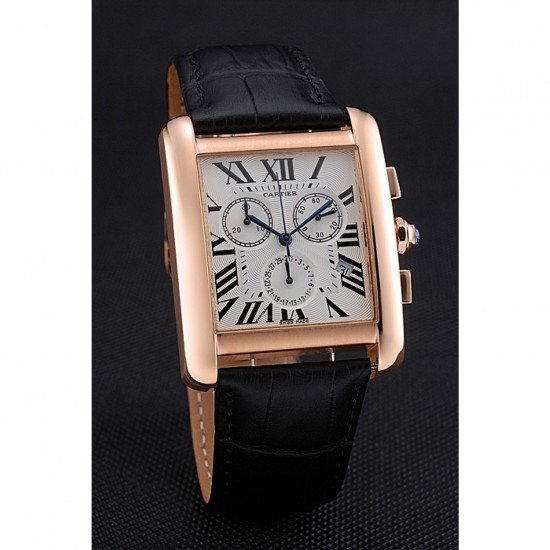 Cartier Tank MC White Dial Gold Case Black Leather Bracelet 622693