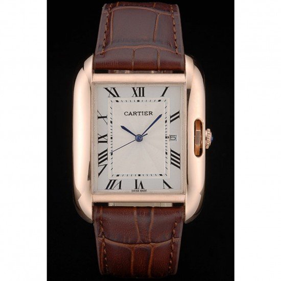 Cartier Tank Anglaise 36mm White Dial Gold Case Brown Leather Bracelet