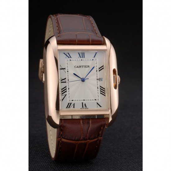 Cartier Tank Anglaise 36mm White Dial Gold Case Brown Leather Bracelet