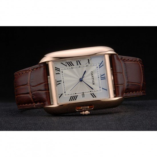 Cartier Tank Anglaise 36mm White Dial Gold Case Brown Leather Bracelet