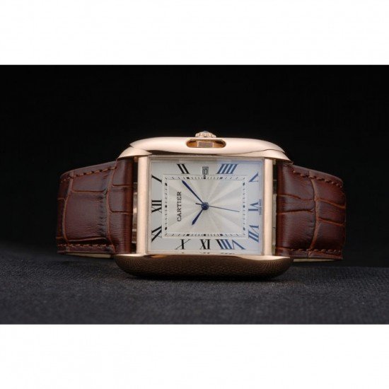 Cartier Tank Anglaise 36mm White Dial Gold Case Brown Leather Bracelet