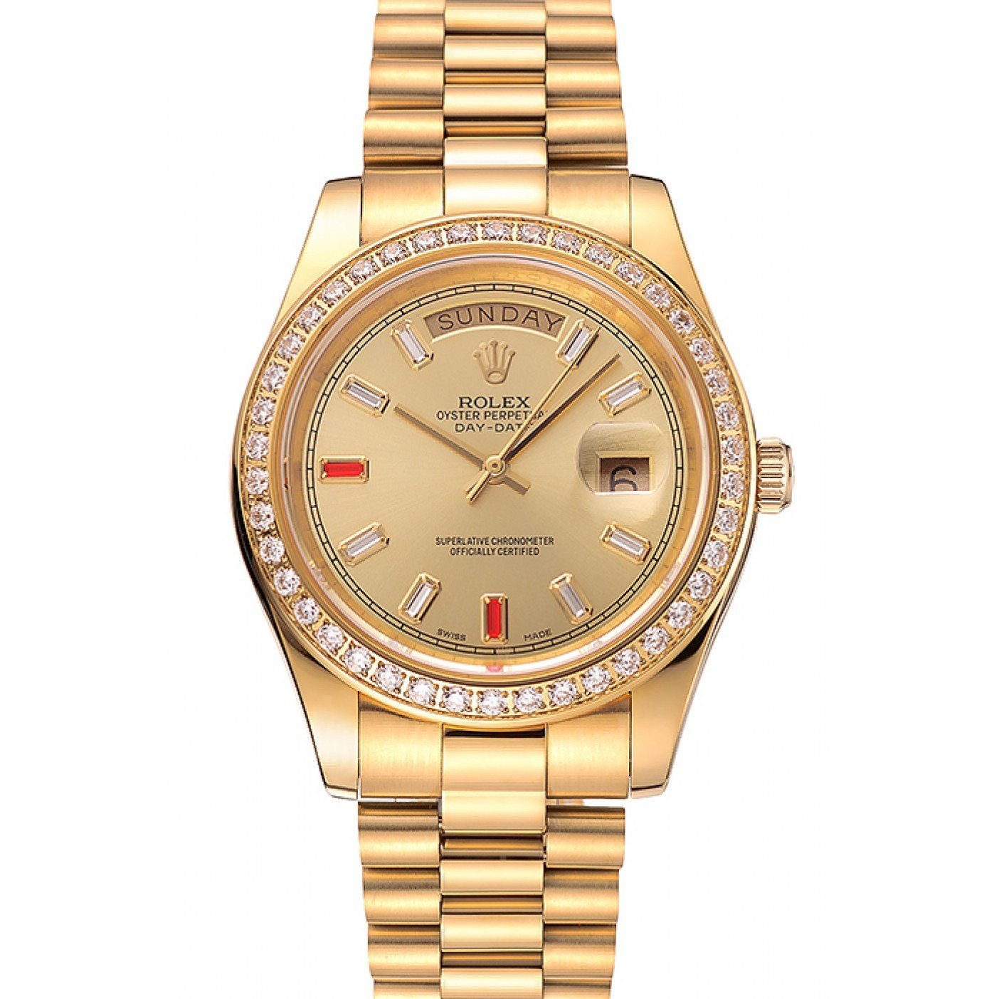 Swiss Rolex Day-Date Diamonds And Rubies Champagne Dial Gold Bracelet 1454100