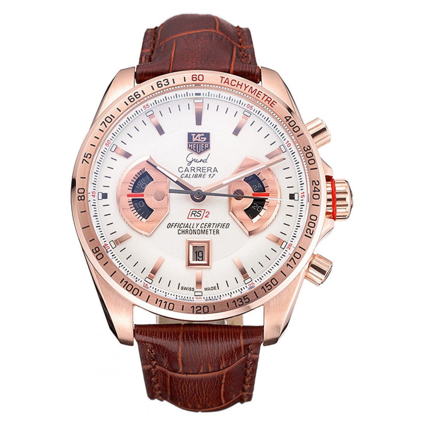 Tag Heuer Carrera Rose Gold Case White Dial Brown Leather Strap 98245