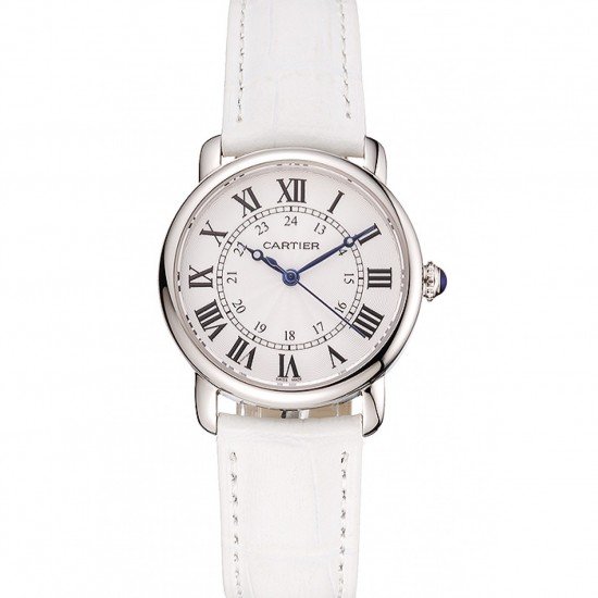 Cartier Ronde White Dial Stainless Steel Case White Leather Strap