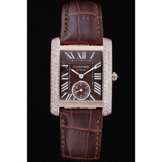 Cartier Tank MC Gold Diamond Case Brown Dial Brown Leather Strap 622170