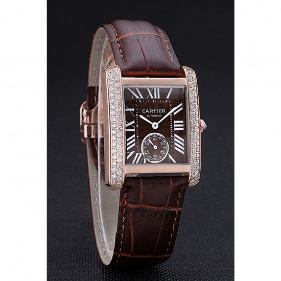 Cartier Tank MC Gold Diamond Case Brown Dial Brown Leather Strap 622170