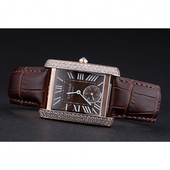 Cartier Tank MC Gold Diamond Case Brown Dial Brown Leather Strap 622170