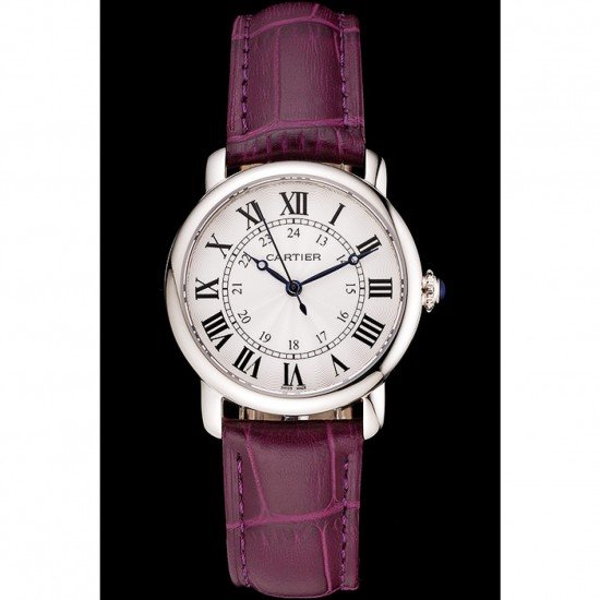 Cartier Ronde White Dial Stainless Steel Case Purple Leather Strap