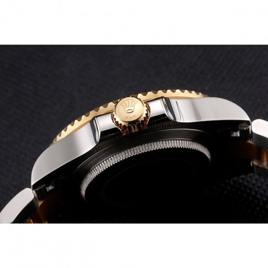 Swiss Rolex Submariner Gold Dial Diamond Markings Black Bezel Two Tone Steel Gold Bracelet