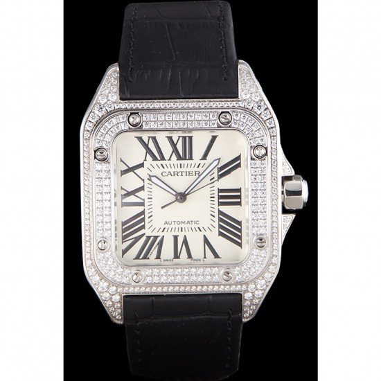 Swiss Cartier Santos Silver Bezel with Diamonds and Black Leather Strap sct47 621531