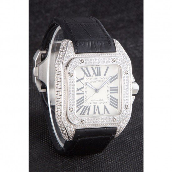 Swiss Cartier Santos Silver Bezel with Diamonds and Black Leather Strap sct47 621531