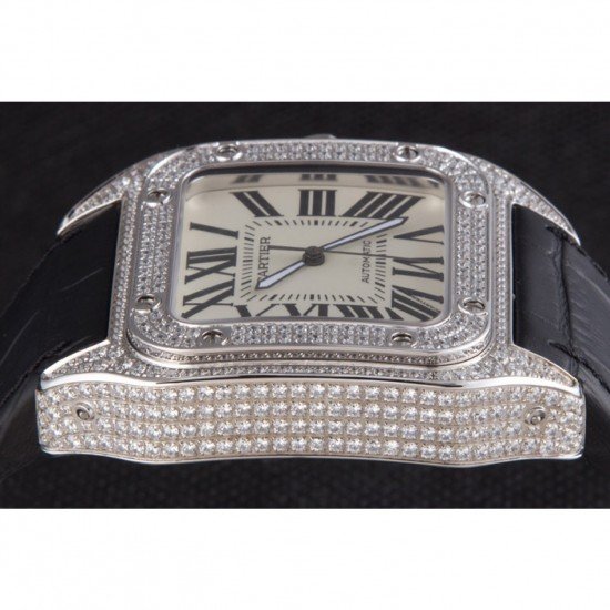 Swiss Cartier Santos Silver Bezel with Diamonds and Black Leather Strap sct47 621531